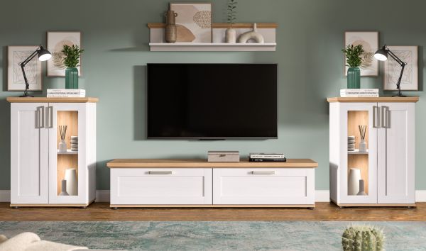Wohnwand Mirano in wei Lrche und Eiche Artisan Landhaus Wohnkombination 4-teilig 316 cm