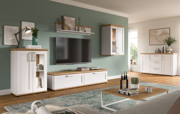 Wohnwand Mirano in wei Lrche und Eiche Artisan Landhaus Wohnkombination 4-teilig 316 cm