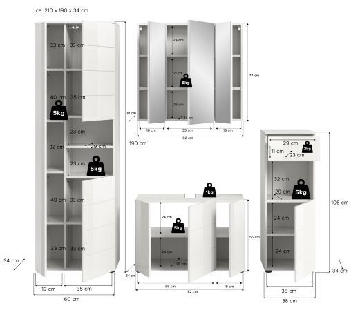 Badmbel Set 4-teilig Larik in wei Hochglanz Badkombination 210 x 190 cm