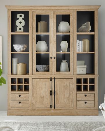 Buffet Dorset in Eiche Gold Landhaus Vitrinenschrank 193 x 214 cm, Soft-Close