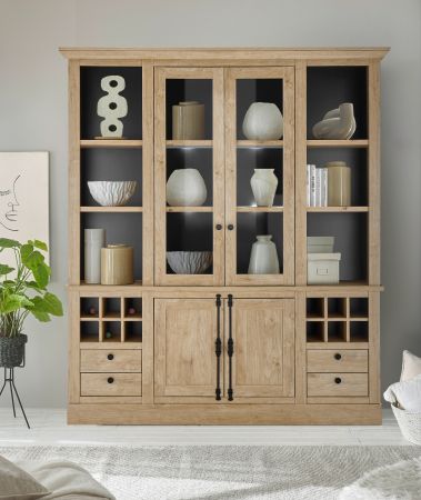 Buffet Dorset in Eiche Gold Landhaus Vitrinenschrank 193 x 214 cm, Soft-Close