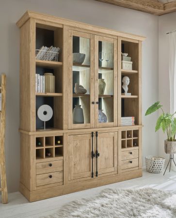 Buffet Dorset in Eiche Gold Landhaus Vitrinenschrank 193 x 214 cm, Soft-Close