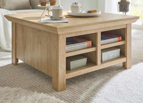 Couchtisch Dorset in Eiche Gold Landhaus Beistelltisch mit Truhe und Ablage 93 cm