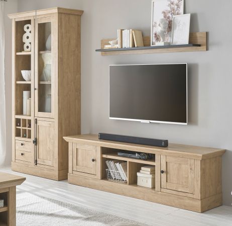 Wohnwand Dorset in Eiche Gold Landhaus Wohnkombination 3-teilig 309 cm, Soft-Close