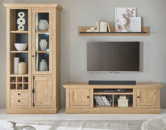 Wohnwand Dorset in Eiche Gold Landhaus Wohnkombination 3-teilig 309 cm, Soft-Close