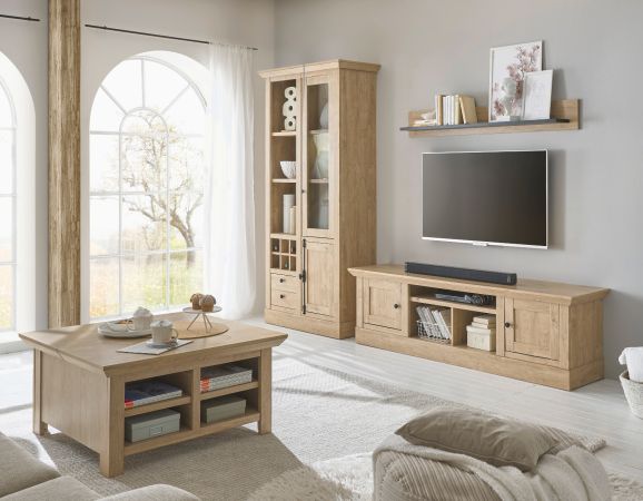 Wohnwand Dorset in Eiche Gold Landhaus Wohnkombination 3-teilig 309 cm, Soft-Close