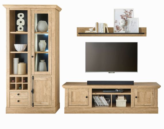 Wohnwand Dorset in Eiche Gold Landhaus Wohnkombination 3-teilig 309 cm, Soft-Close