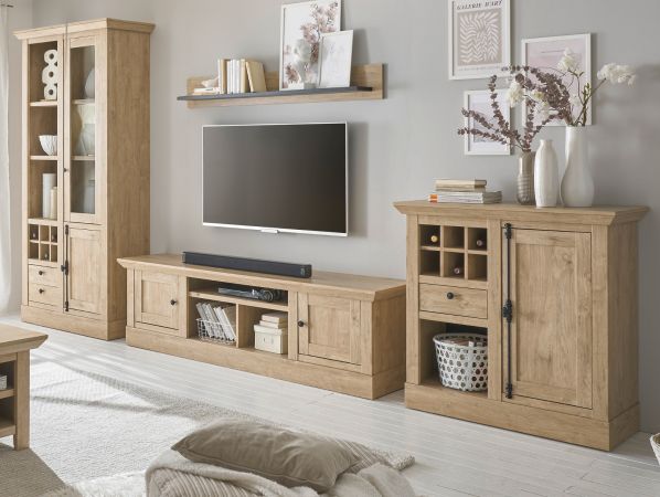 Wohnwand Dorset in Eiche Gold Landhaus Wohnkombination 4-teilig 424 cm, Soft-Close