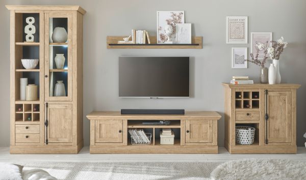 Wohnwand Dorset in Eiche Gold Landhaus Wohnkombination 4-teilig 424 cm, Soft-Close