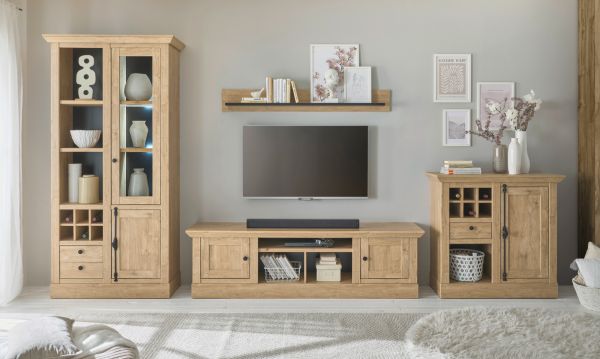 Wohnwand Dorset in Eiche Gold Landhaus Wohnkombination 4-teilig 424 cm, Soft-Close