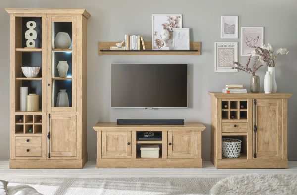 Wohnwand Dorset in Eiche Gold Landhaus Wohnkombination 4-teilig 382 cm, Soft-Close