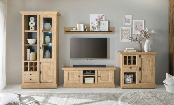 Wohnwand Dorset in Eiche Gold Landhaus Wohnkombination 4-teilig 382 cm, Soft-Close