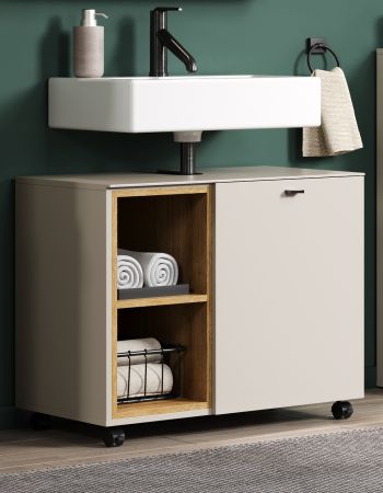 Waschbeckenunterschrank Sao Paulo in Sand und Evoke Eiche Badschrank auf Rollen 80 cm, Soft-Close
