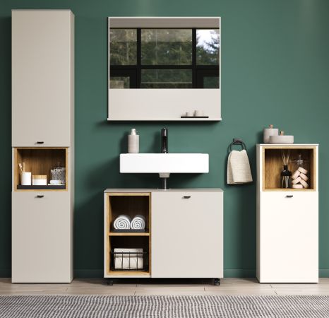 Waschbeckenunterschrank Sao Paulo in Sand und Evoke Eiche Badschrank auf Rollen 80 cm, Soft-Close
