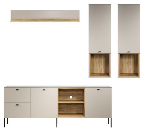 Wohnwand Sao Paulo in Sand und Evoke Eiche Wohnkombination 4-teilig 250 cm, Soft-Close