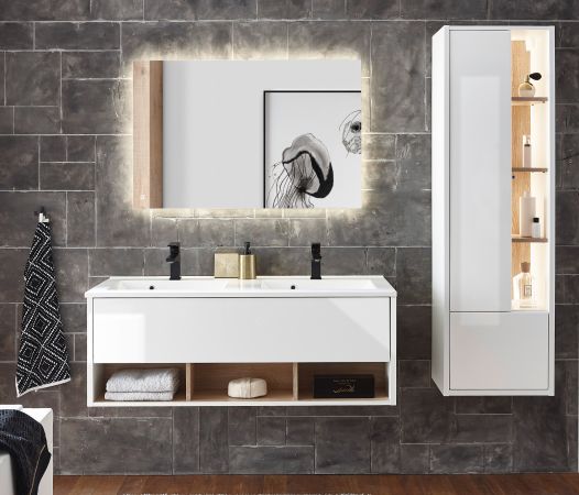 Badezimmer Hochschrank Glide in wei Hochglanz und Eiche inkl. Beleuchtung 45 x 150 cm