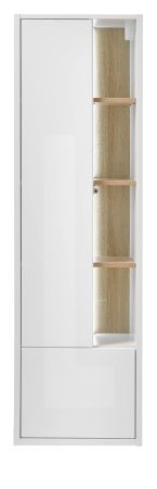 Badezimmer Hochschrank Glide in wei Hochglanz und Eiche inkl. Beleuchtung 45 x 150 cm