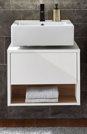 Waschbeckenunterschrank Glide in wei Hochglanz und Eiche 60 cm