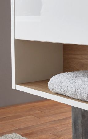 Waschbeckenunterschrank Glide in wei Hochglanz und Eiche 60 cm