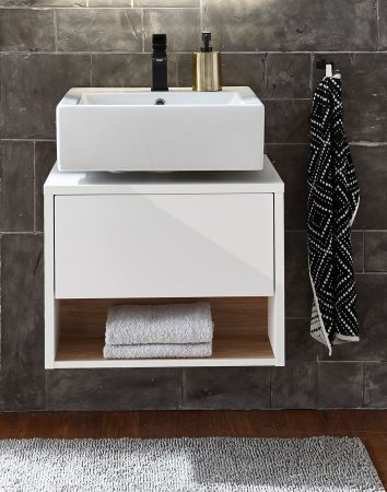 Waschbeckenunterschrank Glide in wei Hochglanz und Eiche 60 cm