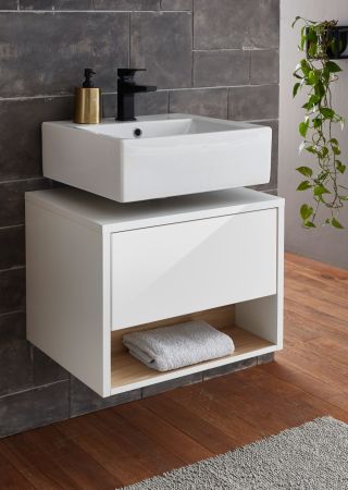 Waschbeckenunterschrank Glide in wei Hochglanz und Eiche 60 cm