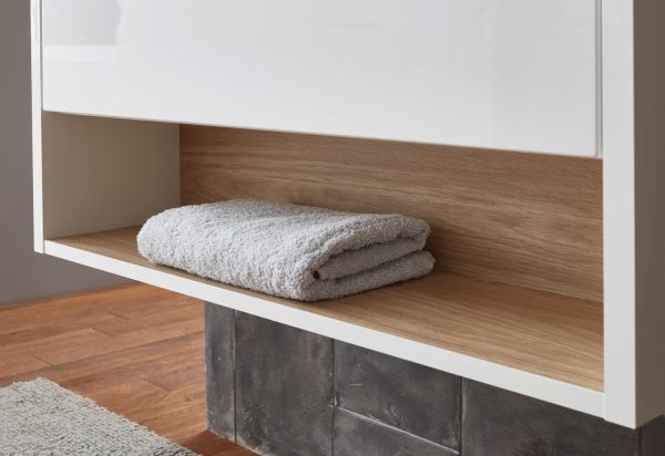 Waschbeckenunterschrank Glide in wei Hochglanz und Eiche 80 cm