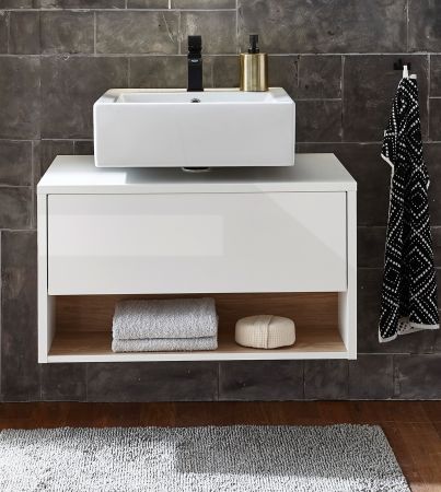 Waschbeckenunterschrank Glide in wei Hochglanz und Eiche 80 cm