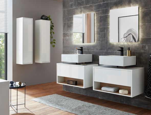 Waschbeckenunterschrank Glide in wei Hochglanz und Eiche 80 cm