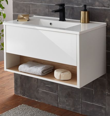 Waschbeckenunterschrank MIT Waschbecken Glide in wei Hochglanz und Eiche 80 cm