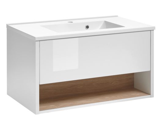 Waschbeckenunterschrank MIT Waschbecken Glide in wei Hochglanz und Eiche 80 cm