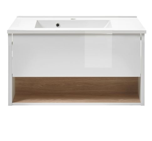 Waschbeckenunterschrank MIT Waschbecken Glide in wei Hochglanz und Eiche 80 cm
