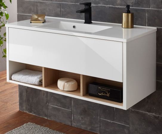 Waschbeckenunterschrank MIT Waschbecken Glide in wei Hochglanz und Eiche 100 cm