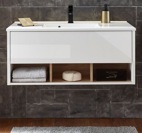 Waschbeckenunterschrank MIT Waschbecken Glide in wei Hochglanz und Eiche 100 cm