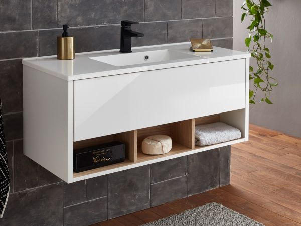 Waschbeckenunterschrank MIT Waschbecken Glide in wei Hochglanz und Eiche 100 cm