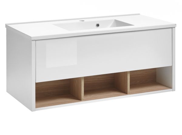Waschbeckenunterschrank MIT Waschbecken Glide in wei Hochglanz und Eiche 100 cm