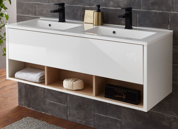 Waschbeckenunterschrank MIT Doppelwaschbecken Glide in wei Hochglanz und Eiche 120 cm