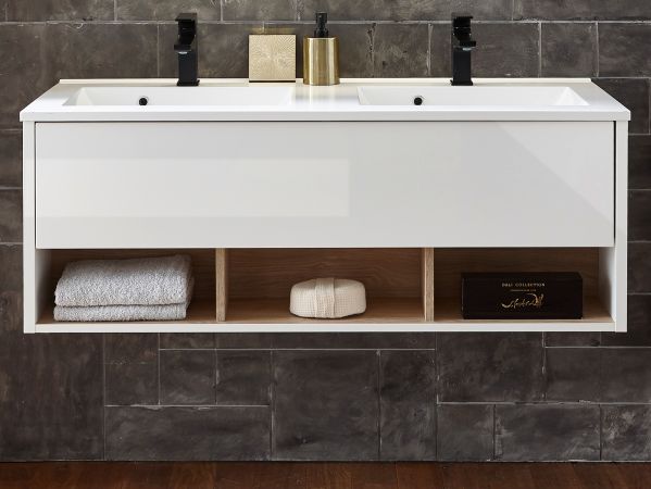Waschbeckenunterschrank MIT Doppelwaschbecken Glide in wei Hochglanz und Eiche 120 cm