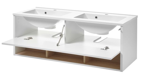 Waschbeckenunterschrank MIT Doppelwaschbecken Glide in wei Hochglanz und Eiche 120 cm