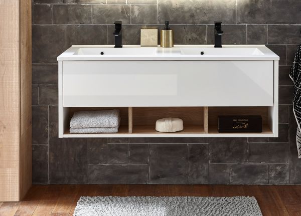 Waschbeckenunterschrank MIT Doppelwaschbecken Glide in wei Hochglanz und Eiche 120 cm
