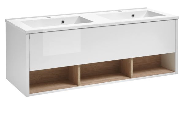 Waschbeckenunterschrank MIT Doppelwaschbecken Glide in wei Hochglanz und Eiche 120 cm