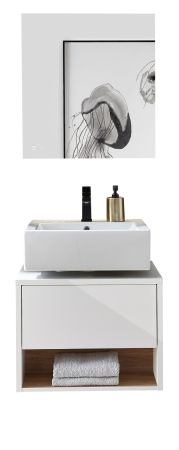 Badmbel Set 2-teilig Glide in wei Hochglanz und Eiche mit LED Beleuchtung 60 x 190 cm