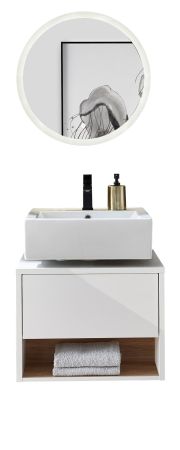 Badmbel Set 2-teilig Glide in wei Hochglanz und Eiche mit LED Beleuchtung 60 x 190 cm