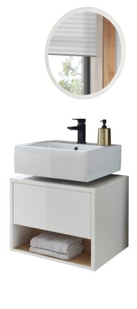 Badmbel Set 2-teilig Glide in wei Hochglanz und Eiche mit LED Beleuchtung 60 x 190 cm