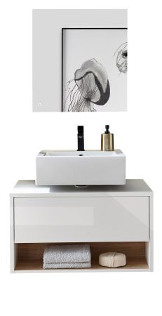 Badmbel Set 2-teilig Glide in wei Hochglanz und Eiche mit LED Beleuchtung 80 x 190 cm