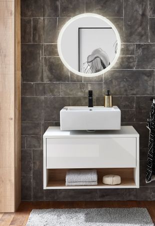 Badmbel Set 2-teilig Glide in wei Hochglanz und Eiche mit LED Beleuchtung 80 x 190 cm