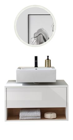 Badmbel Set 2-teilig Glide in wei Hochglanz und Eiche mit LED Beleuchtung 80 x 190 cm