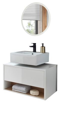 Badmbel Set 2-teilig Glide in wei Hochglanz und Eiche mit LED Beleuchtung 80 x 190 cm