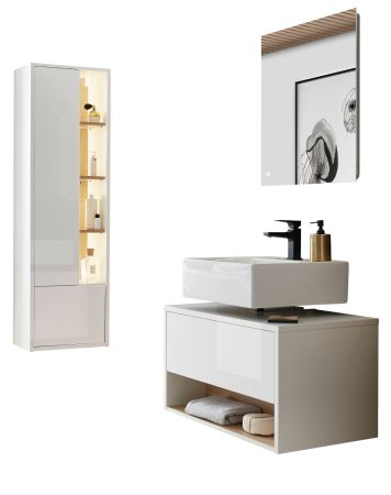 Badmbel Set 3-teilig Glide in wei Hochglanz und Eiche mit LED Beleuchtung 135 x 190 cm