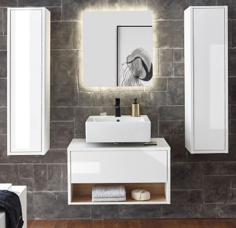 Badmbel Set 4-teilig Glide in wei Hochglanz und Eiche mit LED Beleuchtung 160 x 190 cm