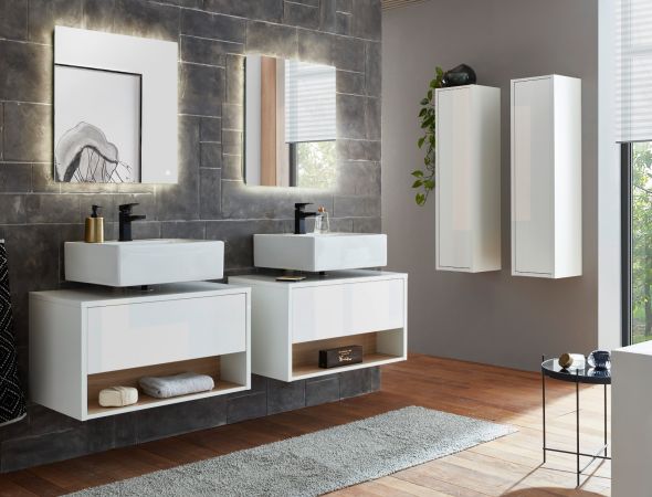 Badmbel Set 6-teilig Glide in wei Hochglanz und Eiche mit LED Beleuchtung 250 x 190 cm